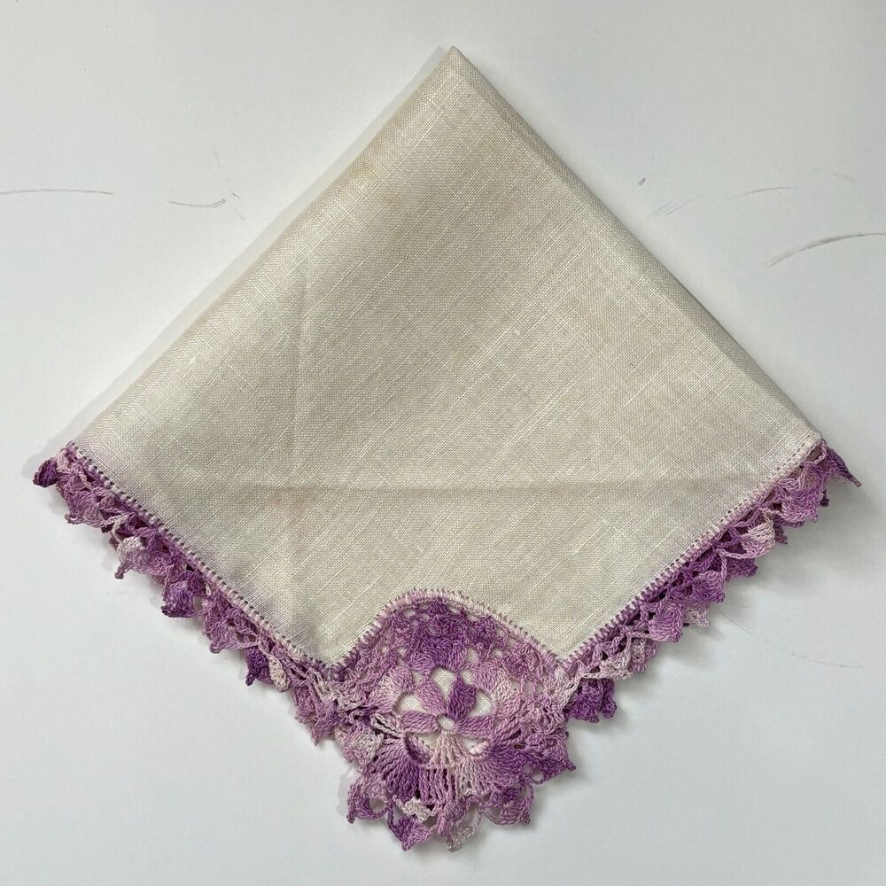 White Linen Bridesmaid Lace Handkerchief Purple Wedding Vtg Cottage Core Granny